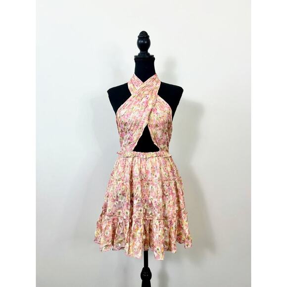 Rococo Sand Faye Mini Dress in Peach Medium Floral Sleeveless Halter Lined Party - Picture 3 of 6